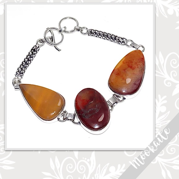 Jewelry - Mookaite Eclectic Silver Artisan Bracelet 9” Adjustable Burgundy Red, Gold, Plum